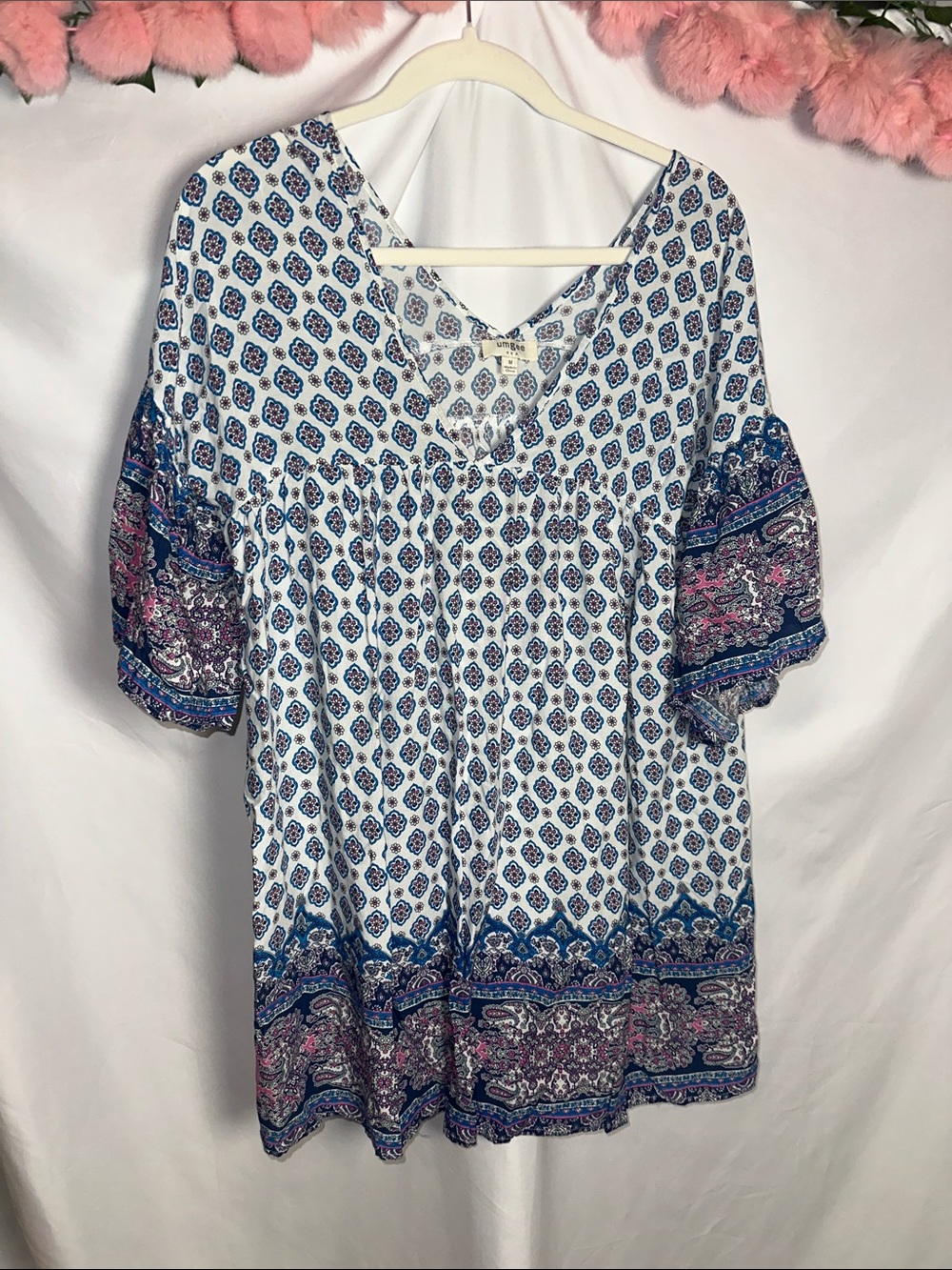 Umgee Blue & White Printed Peasant Tunic with Pink Accents